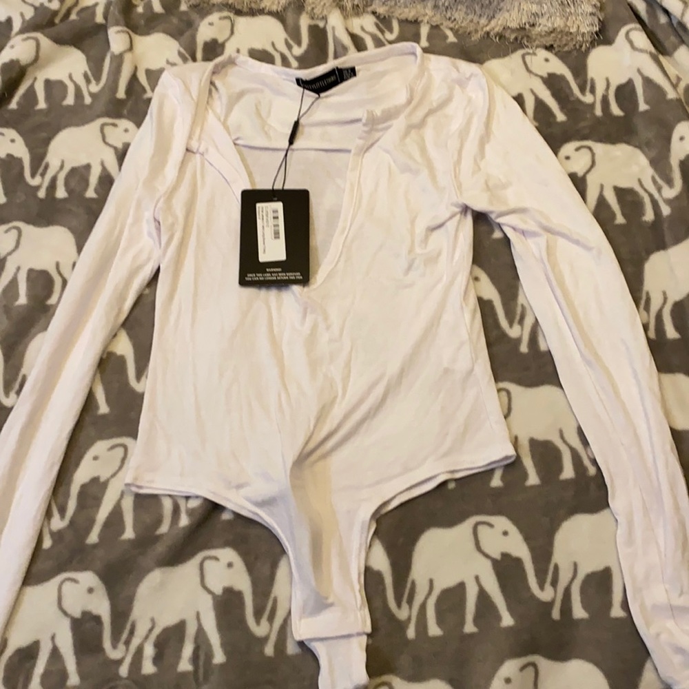 PLT White Plunge Longsleeve Bodysuit